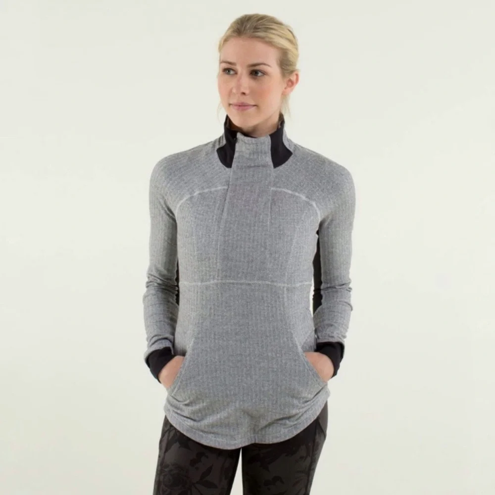 Lululemon Base Runner 1/2 Zip Heathered‎ Herringbone Heathered Black White